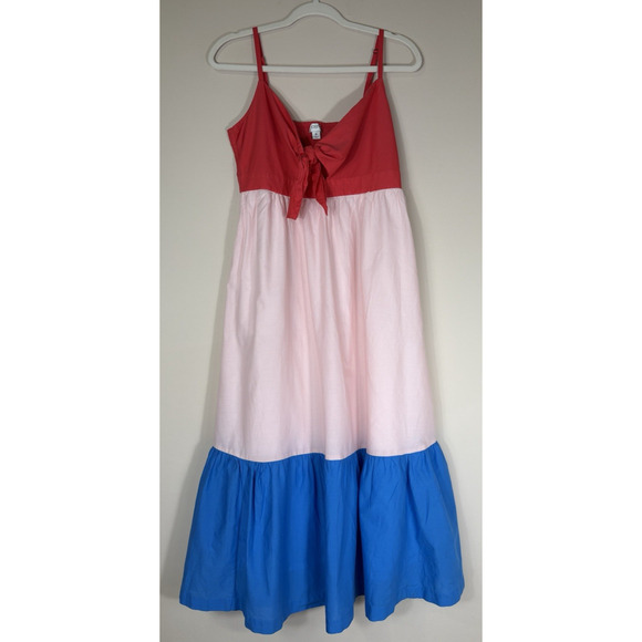 J Crew Size‎ 8 Color Block Tiered Midi Dress V Neck Blue Pink Red Preppy - Picture 2 of 10